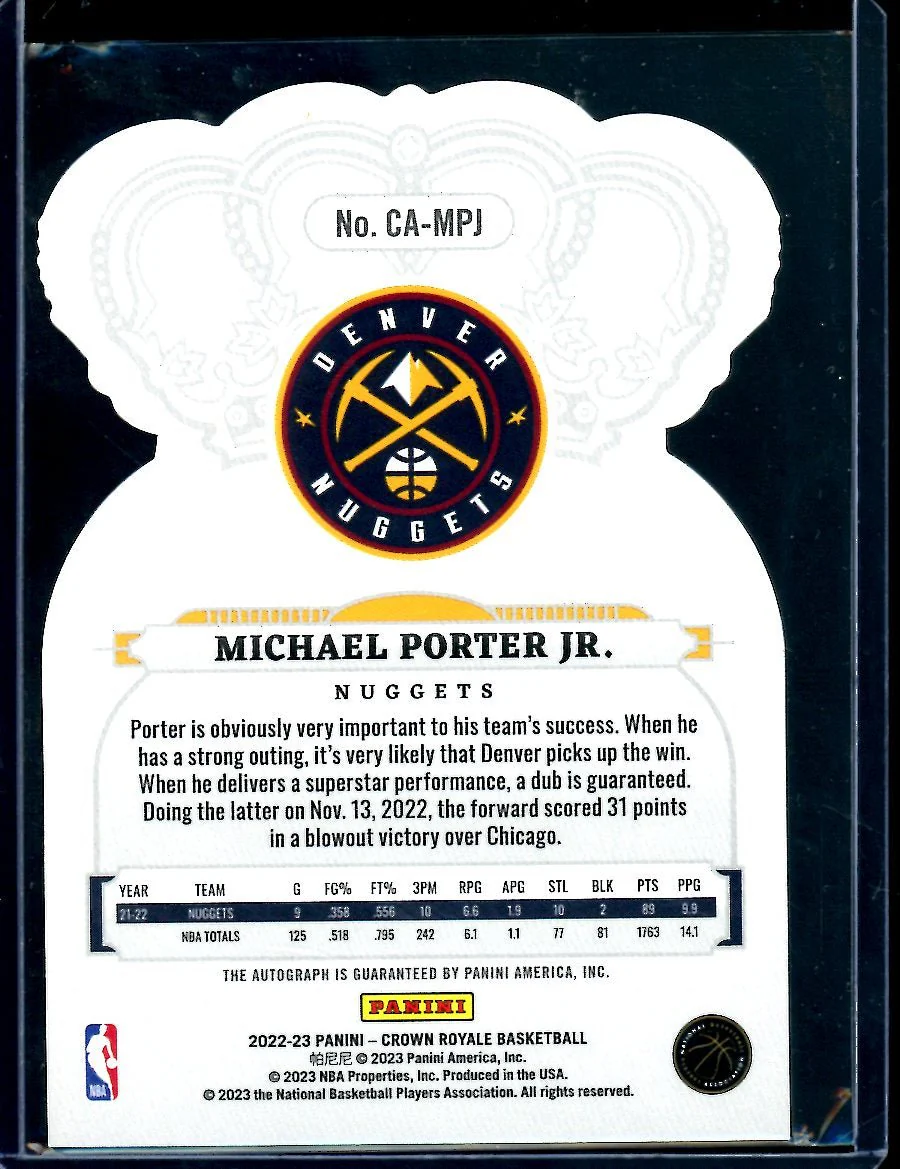 2022/23 Panini Crown Royale Michael Porter Jr. Auto /99 Nuggets - Image 2