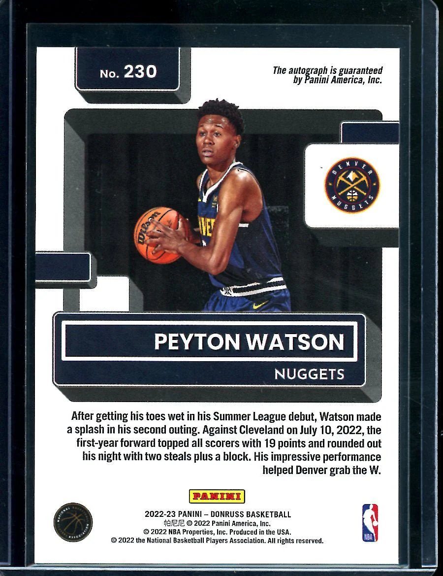 2022/23 Panini Donruss Choice Peyton Watson Rookie Auto Gold /10 Nuggets - Image 2