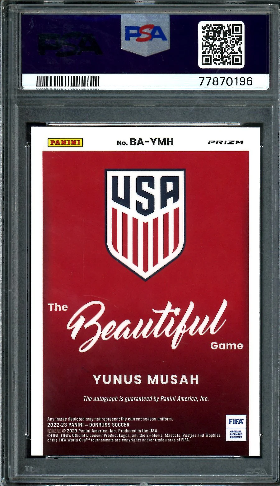 2022-23 Panini Donruss Yunus Musah Beautiful Game Auto Orange Ice SP PSA 10 USA - Image 2