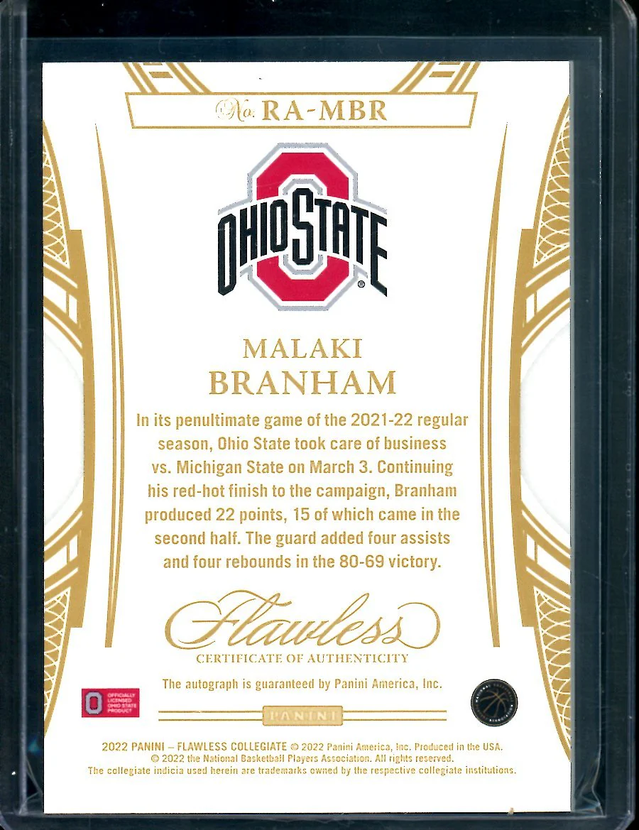 2022/23 Panini Flawless Collegiate Malaki Branham RC Auto Gold /10 Ohio State - Image 2