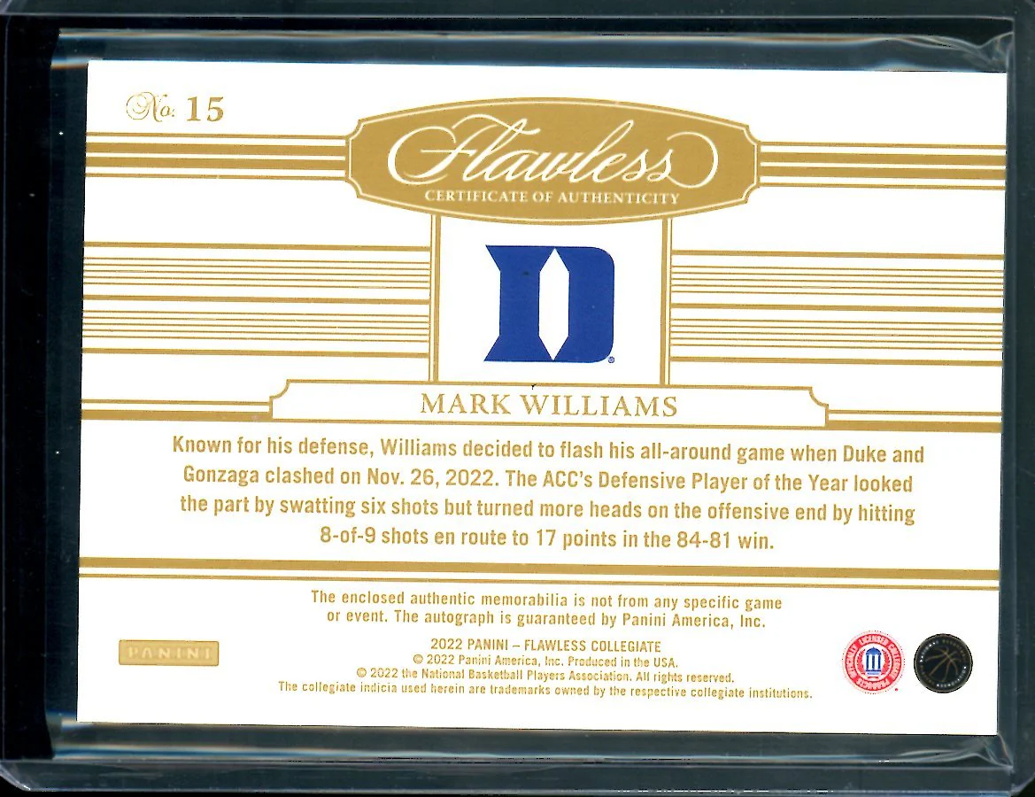 2022/23 Panini Flawless Collegiate Mark Williams RPA /25 Duke - Image 2