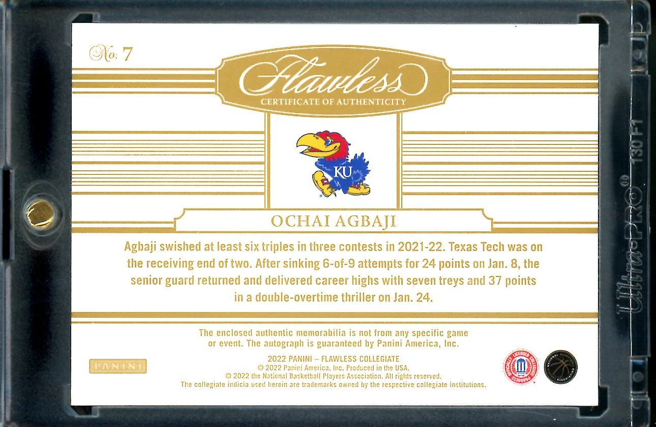 2022/23 Panini Flawless Collegiate Ochai Agbaji Rookie RPA Logo 1/1 Kansas - Image 2