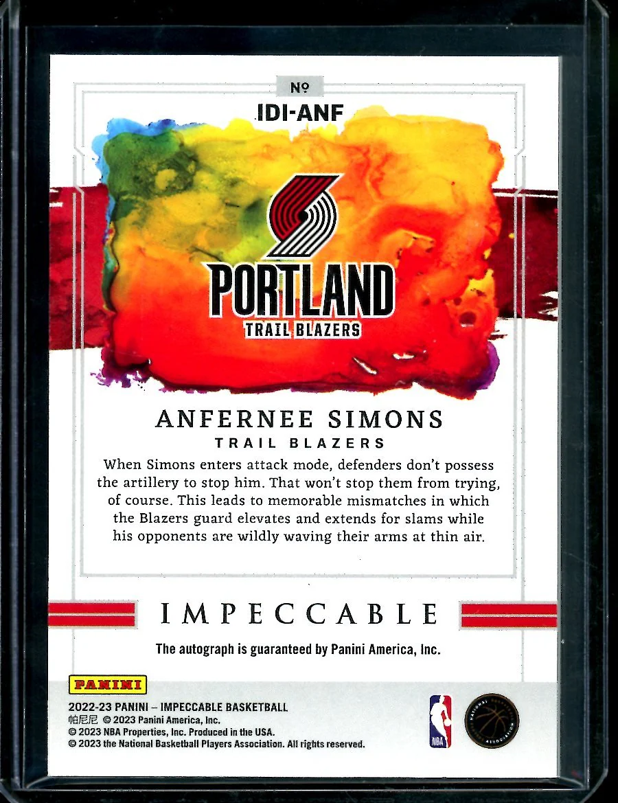 2022/23 Panini Impeccable Anfernee Simons Indelible Ink Auto /49 Trailblazers - Image 2