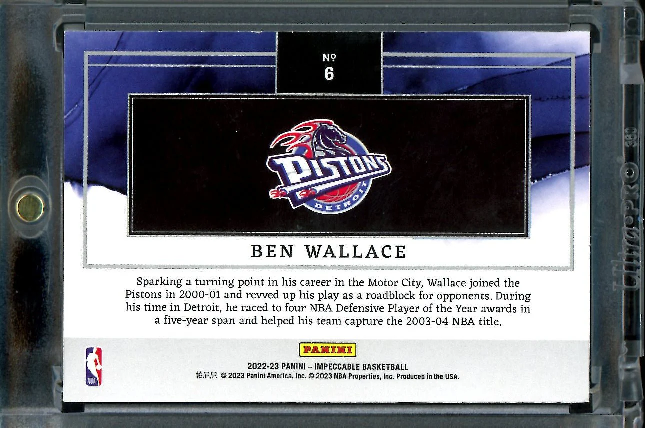 2022/23 Panini Impeccable Ben Wallace Hall of Fame Silver Troy Oz. Gold /10 Pistons - Image 2