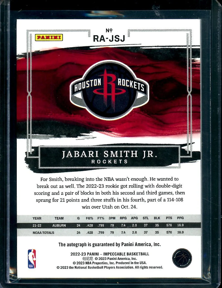 2022/23 Panini Impeccable Jabari Smith Jr. Rookie Auto /99 Rockets - Image 2