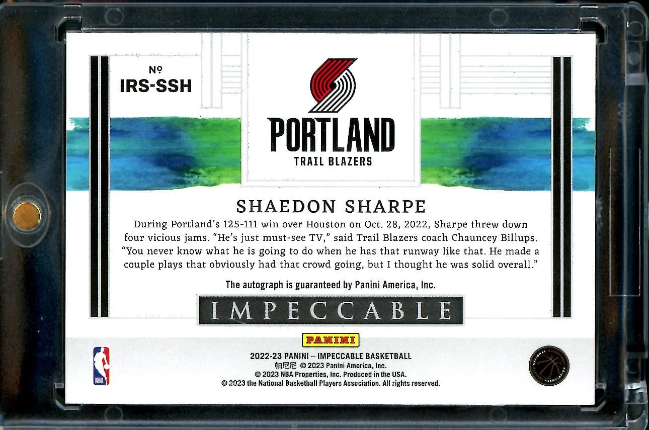 2022/23 Panini Impeccable Shaedon Sharpe Rookie Auto /25 Trailblazers - Image 2
