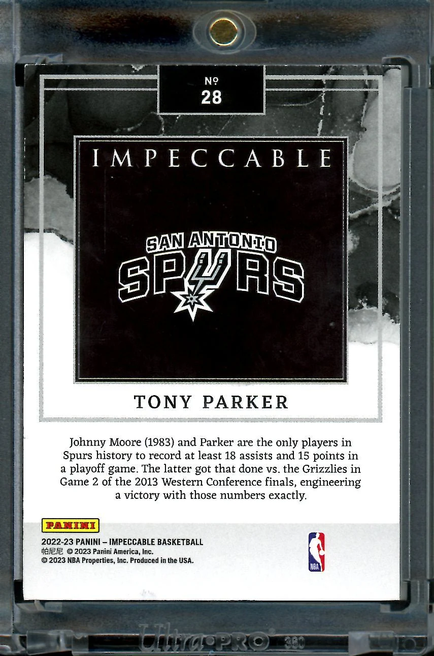 2022/23 Panini Impeccable Tony Parker NBA Silver Troy Oz. /20 Spurs - Image 2