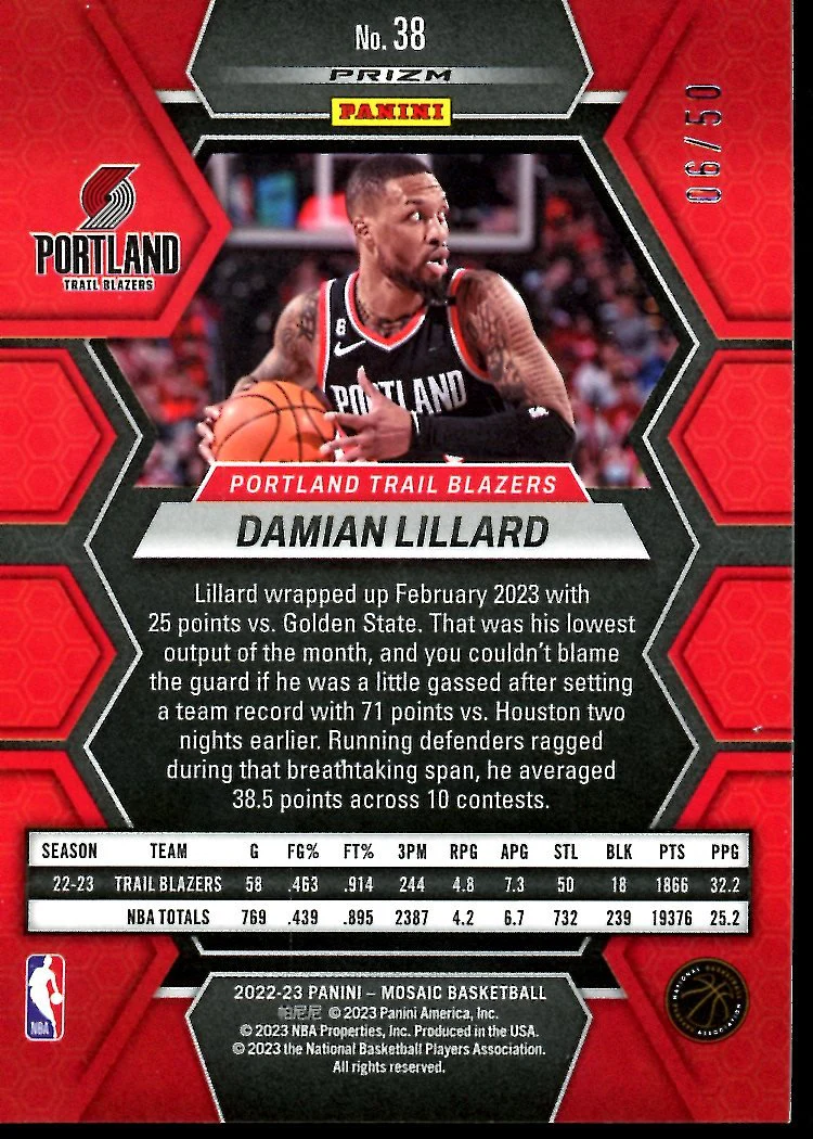 2022-23 Panini Mosaic Damian Lillard Purple Disco /50 Trailblazers - Image 2