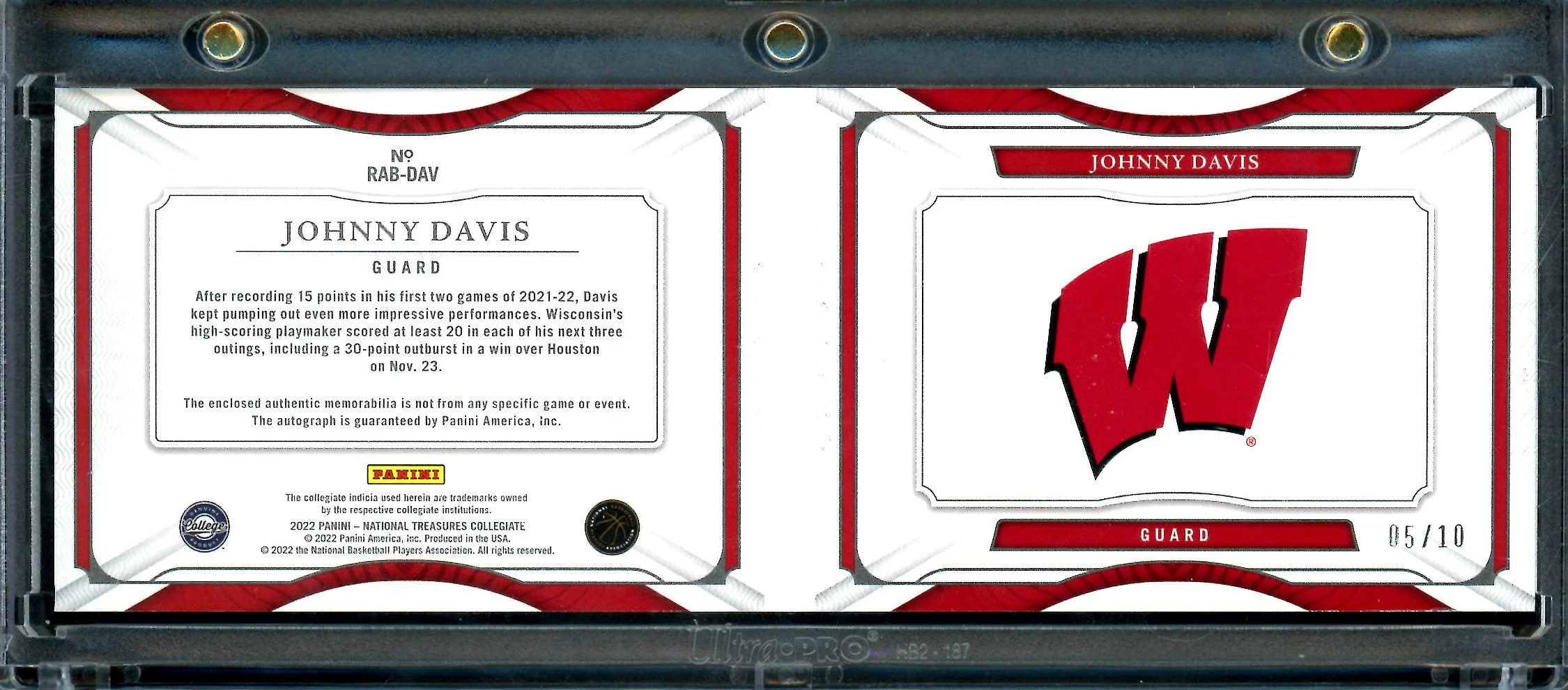 2022/23 Panini National Treasures Collegiate Johnny Davis Booklet RPA Gold /10 - Image 2
