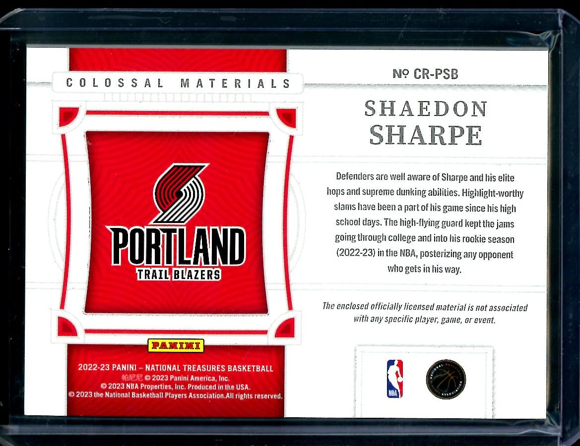 2022/23 Panini National Treasures Shaedon Sharpe Rookie Colossal Patch /99 Trail Blazers - Image 2