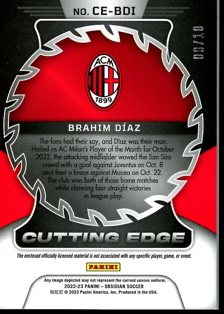2022-23 Panini Obsidian Brahim Diaz Cutting Edge Patch Gold /10 AC Milan - Image 2