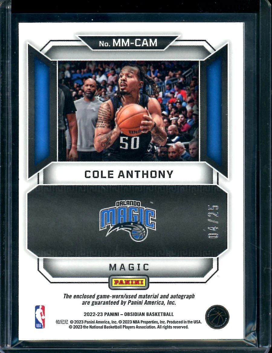 2022/23 Panini Obsidian Cole Anthony Matrix Materials Patch Auto /25 Magic - Image 2