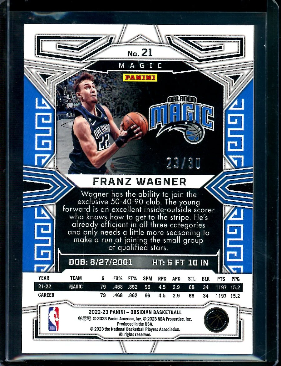 2022/23 Panini Obsidian Franz Wagner Blue /30 Magic - Image 2