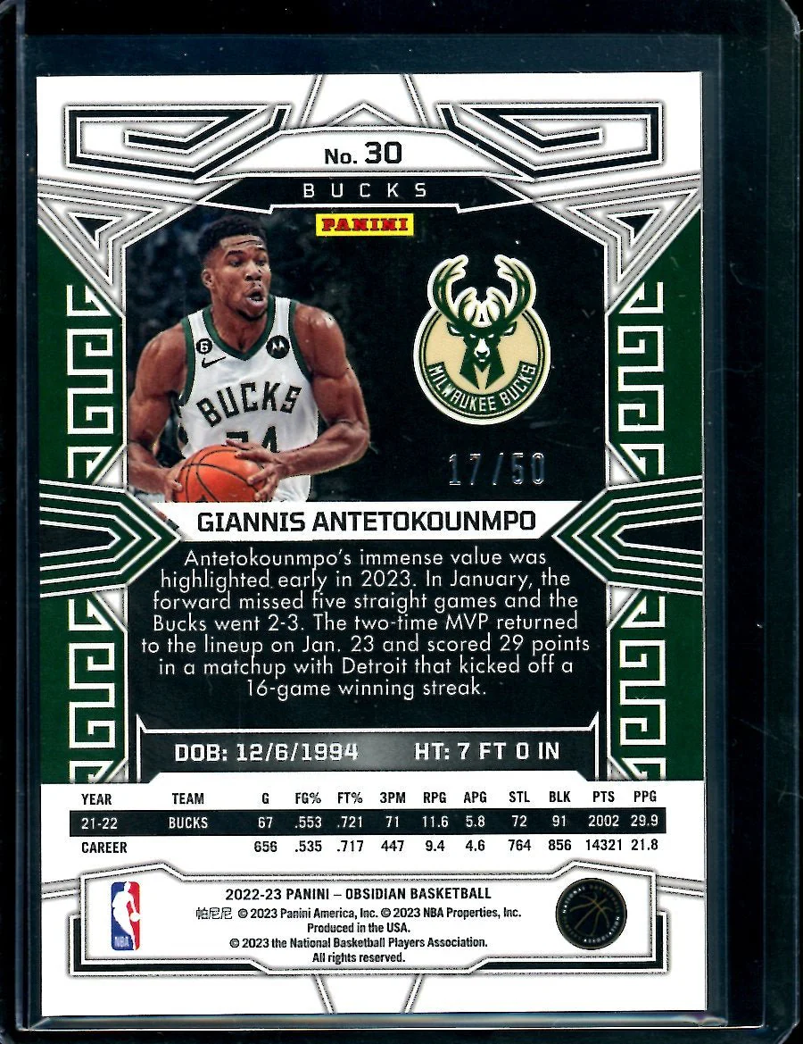 2022/23 Panini Obsidian Giannis Antetokounmpo Orange /50 Bucks - Image 2