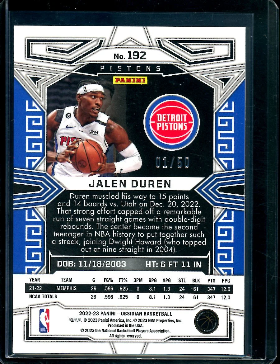 2022/23 Panini Obsidian Jalen Duren Rookie Orange /50 Pistons - Image 2