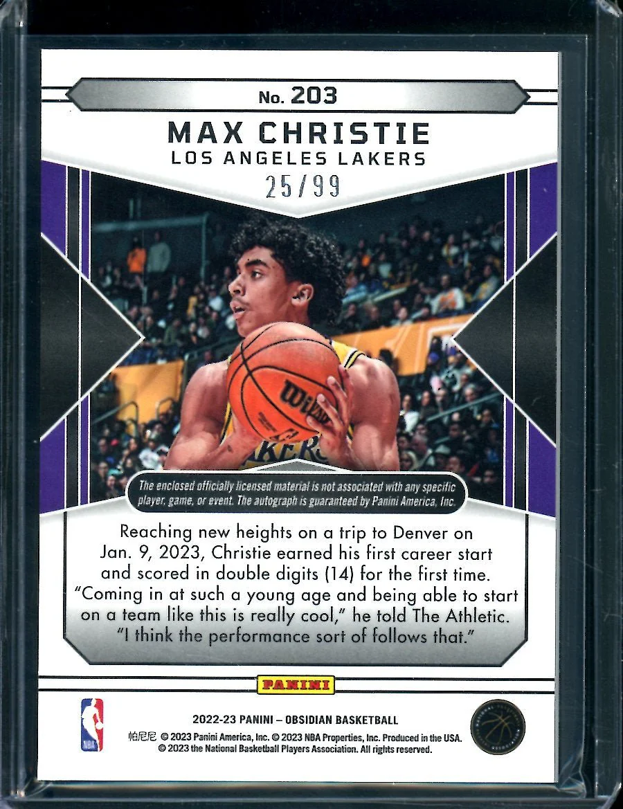 2022/23 Panini Obsidian Max Christie Rookie Auto RPA /99 Lakers - Image 2