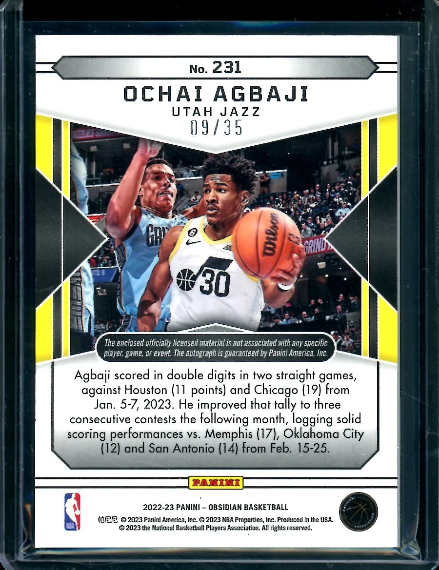2022/23 Panini Obsidian Ochai Agbaji Rookie Auto RPA /35 Jazz - Image 2