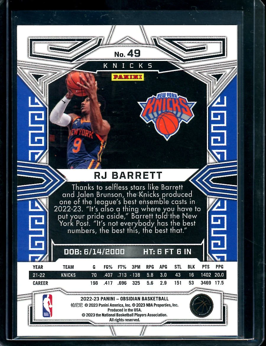 2022/23 Panini Obsidian RJ Barrett Neon Etch Flood SSP Knicks - Image 2
