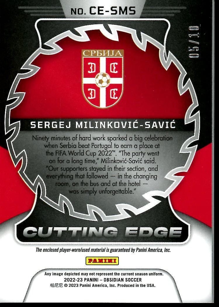 2022-23 Panini Obsidian Sergej Milinkovic-Savic Cutting Edge Patch Gold /10 Serbia - Image 2
