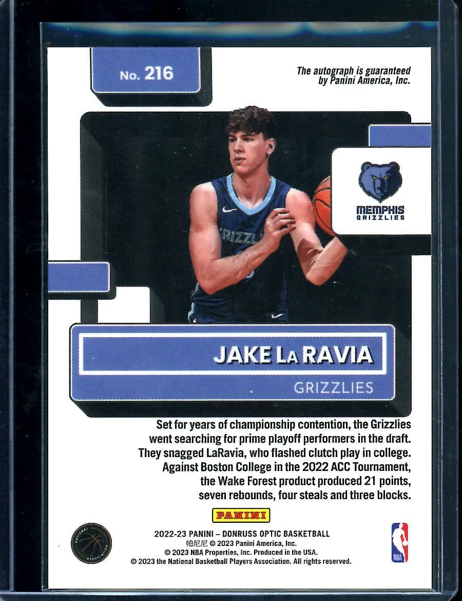 2022/23 Panini Optic Jake LaRavia Rookie Auto Grizzlies - Image 2