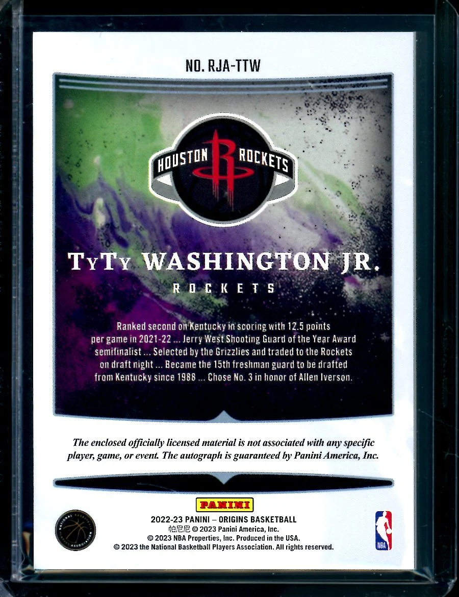 2022/23 Panini Origins TyTy Washington Jr. Rookie RPA Teal /15 Rockets - Image 2