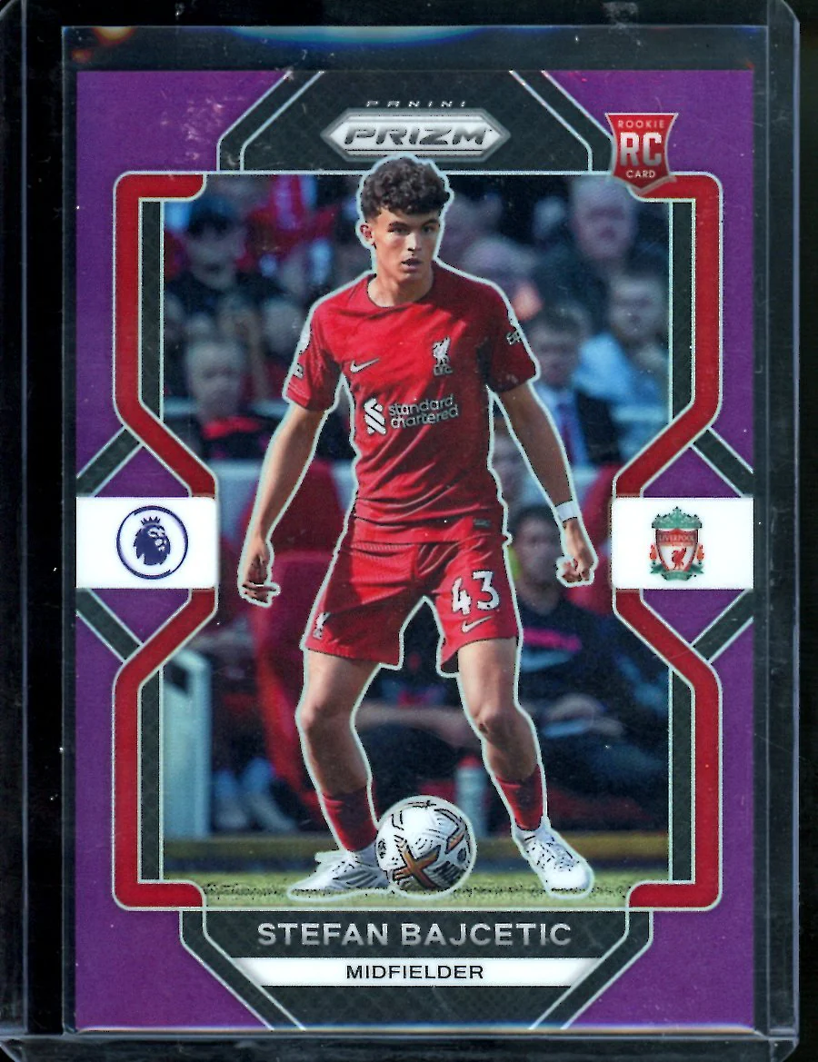 2022/23 Panini Prizm EPL Stefan Bajetic Rookie Purple /49 Liverpool FC