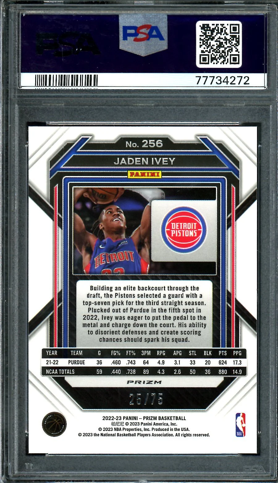2022-23 Panini Prizm Jaden Ivey Rookie Purple Disco /75 PSA 10 Pistons - Image 2