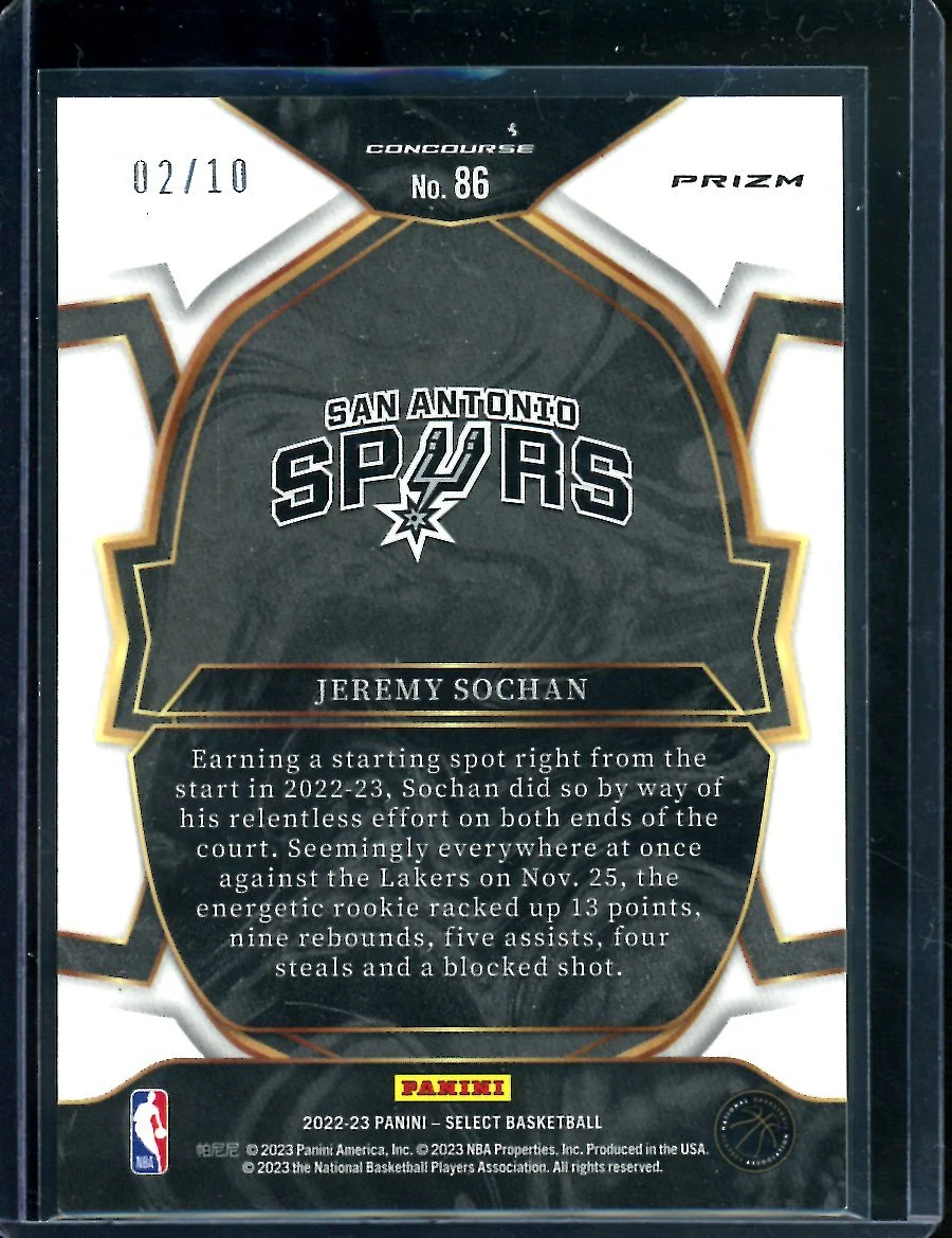 2022-23 Panini Select Jeremy Sochan Rookie Gold Shock /10 Spurs - Image 2
