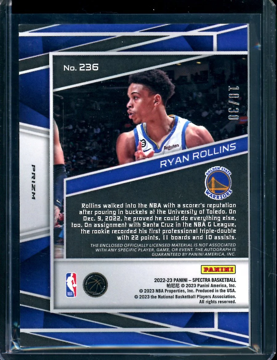 2022-23 Panini Spectra Ryan Rollins Rookie RPA /30 Warriors - Image 2
