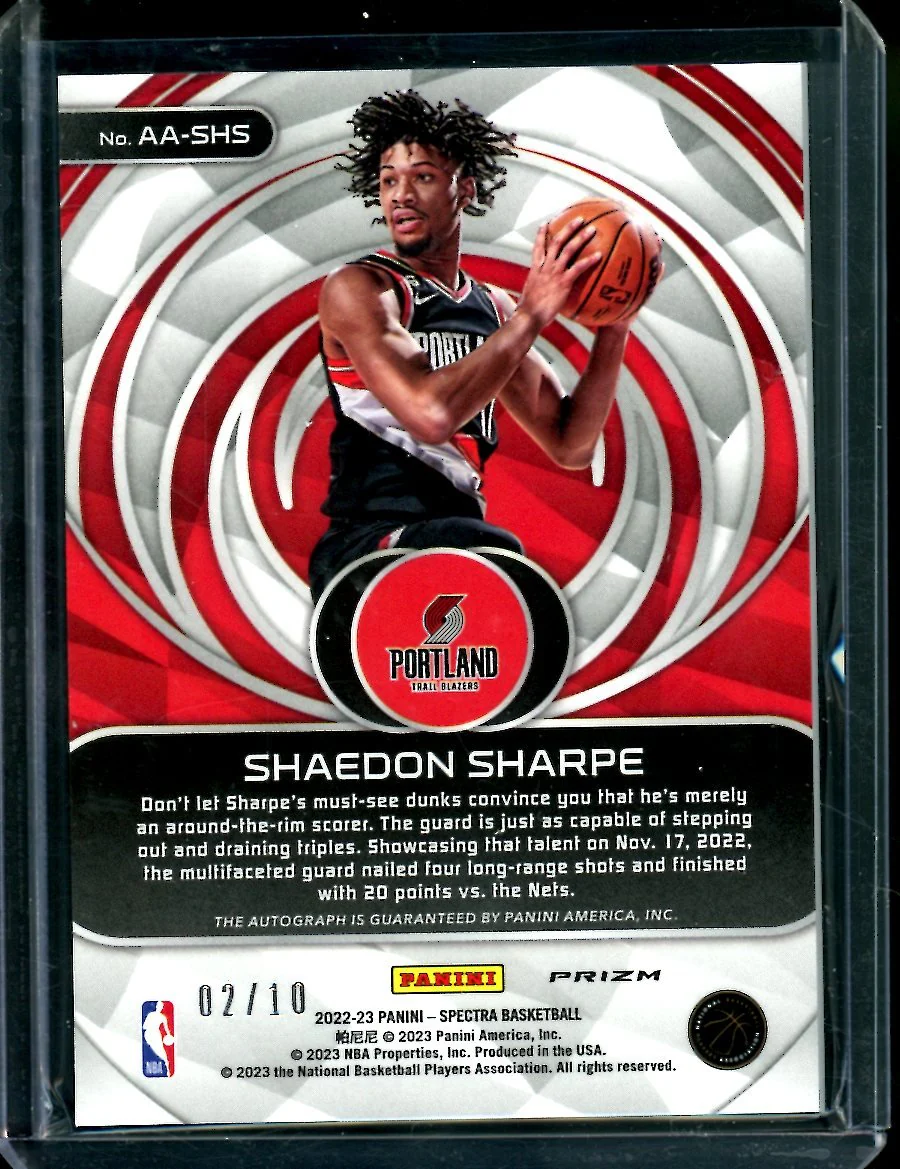 2022/23 Panini Spectra Shaedon Sharpe Rookie Aspiring Auto /10 Trail Blazers - Image 2