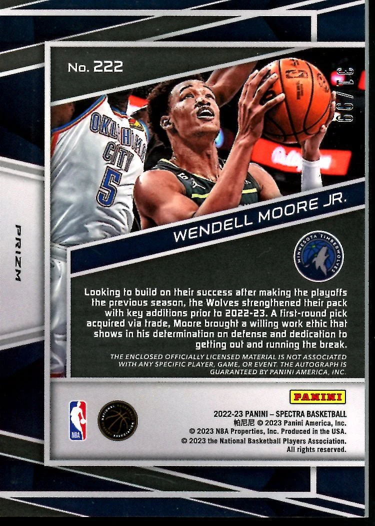 2022-23 Panini Spectra Wendel Moore Jr. Rookie RPA /99 Timberwolves - Image 2