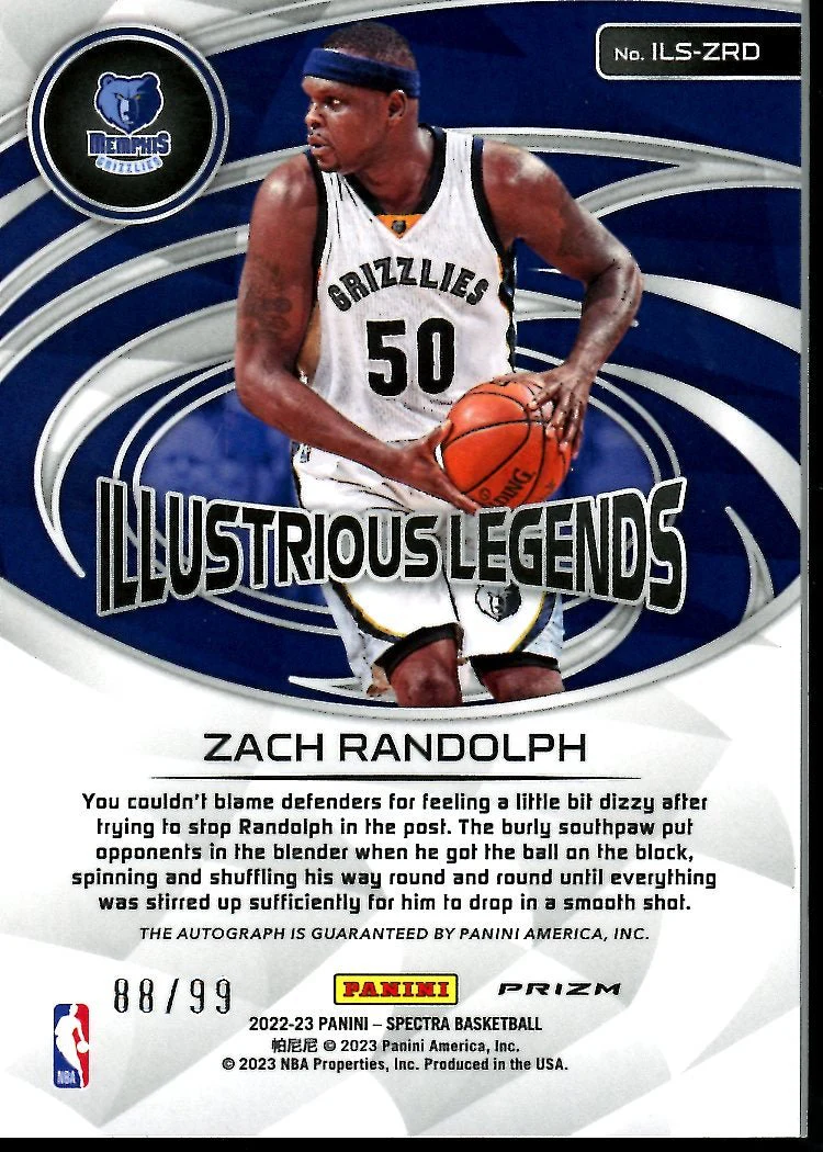 2022-23 Panini Spectra Zach Randolph Illustrious Legends Auto /99 Grizzlies - Image 2