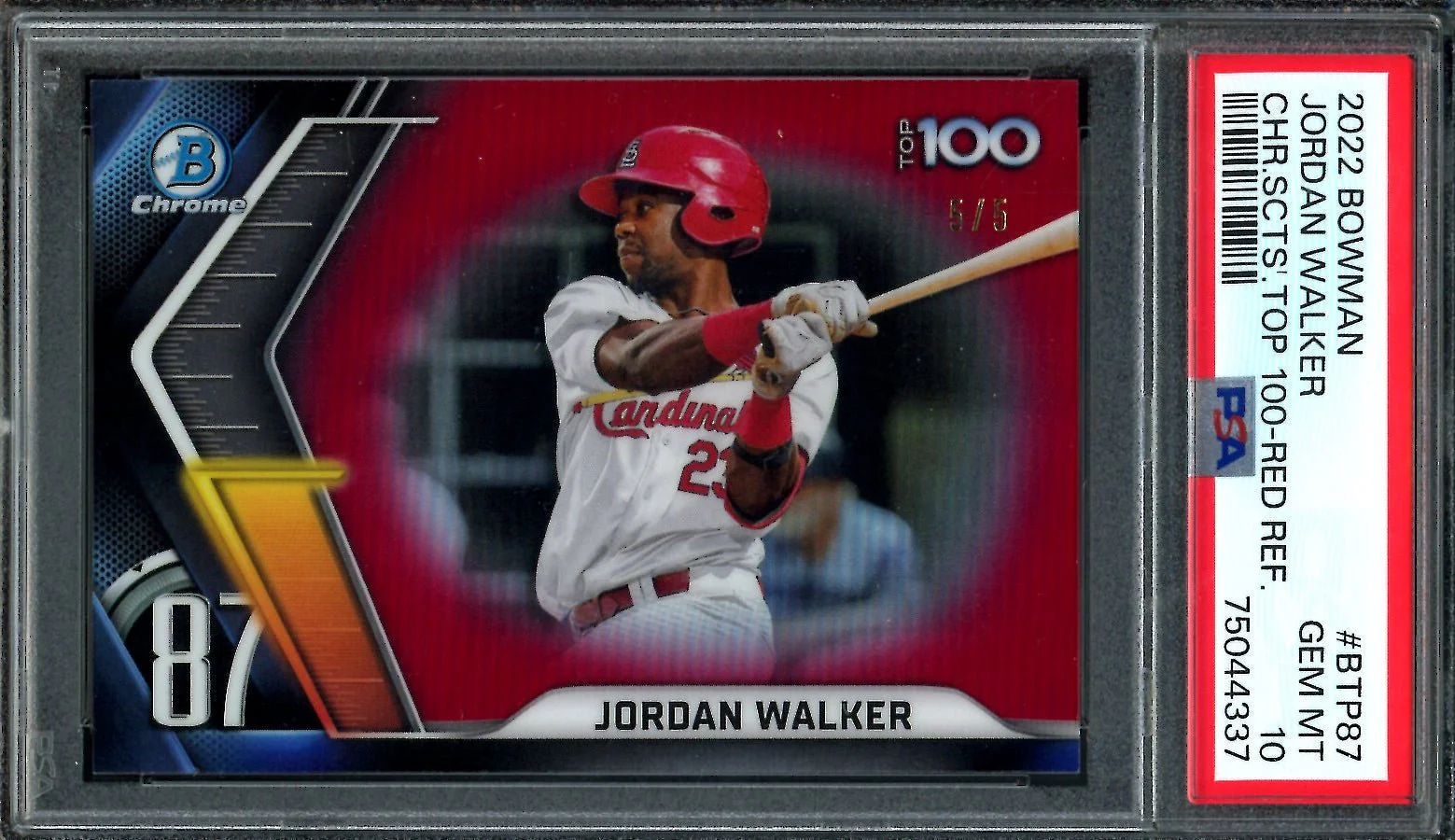 2022 Bowman Chrome Jordan Walker Top 100 Red /5 PSA 10 Cardinals