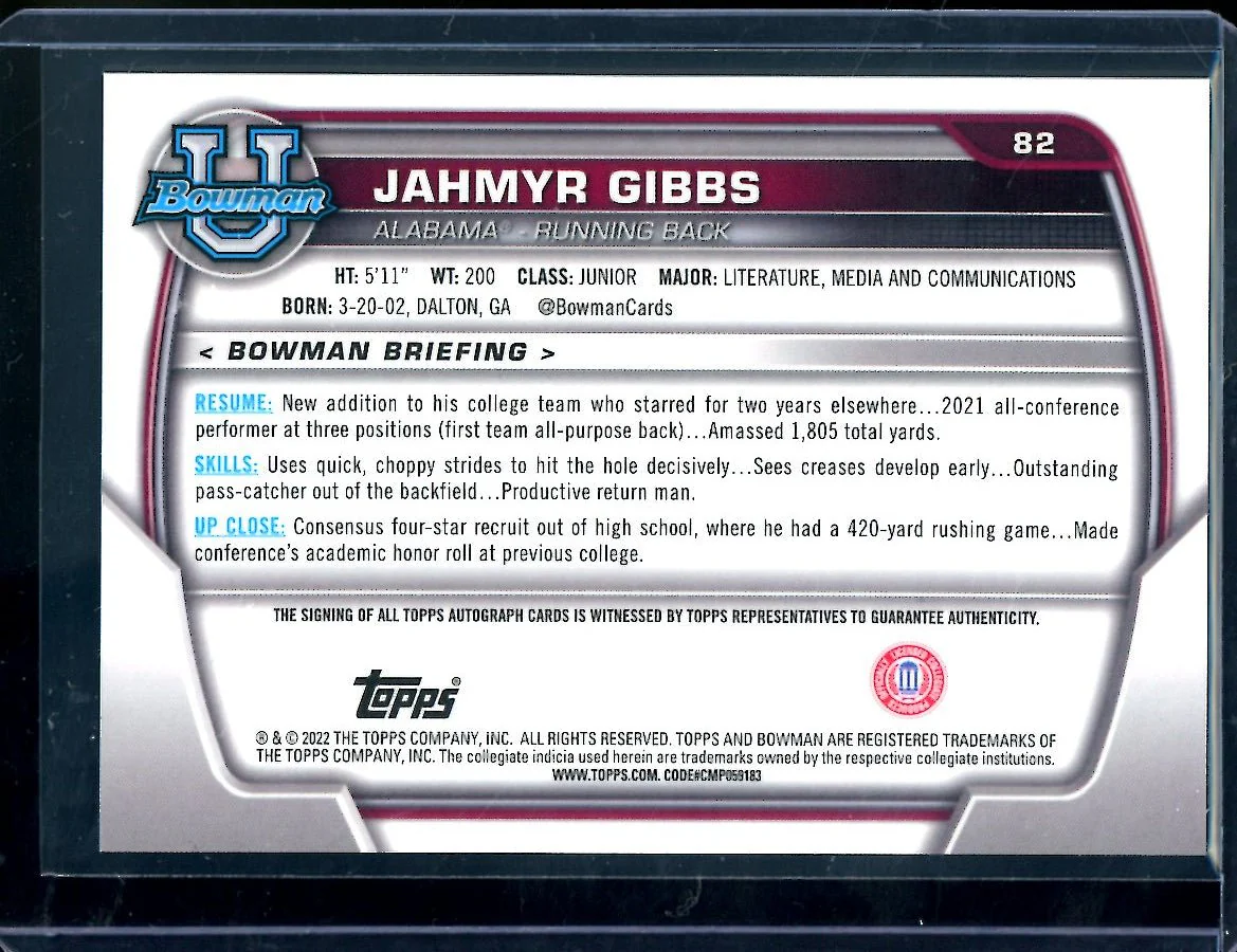 2022 Bowman Chrome University Jahmyr Gibbs 1st Bowman Auto Alabama - Image 2