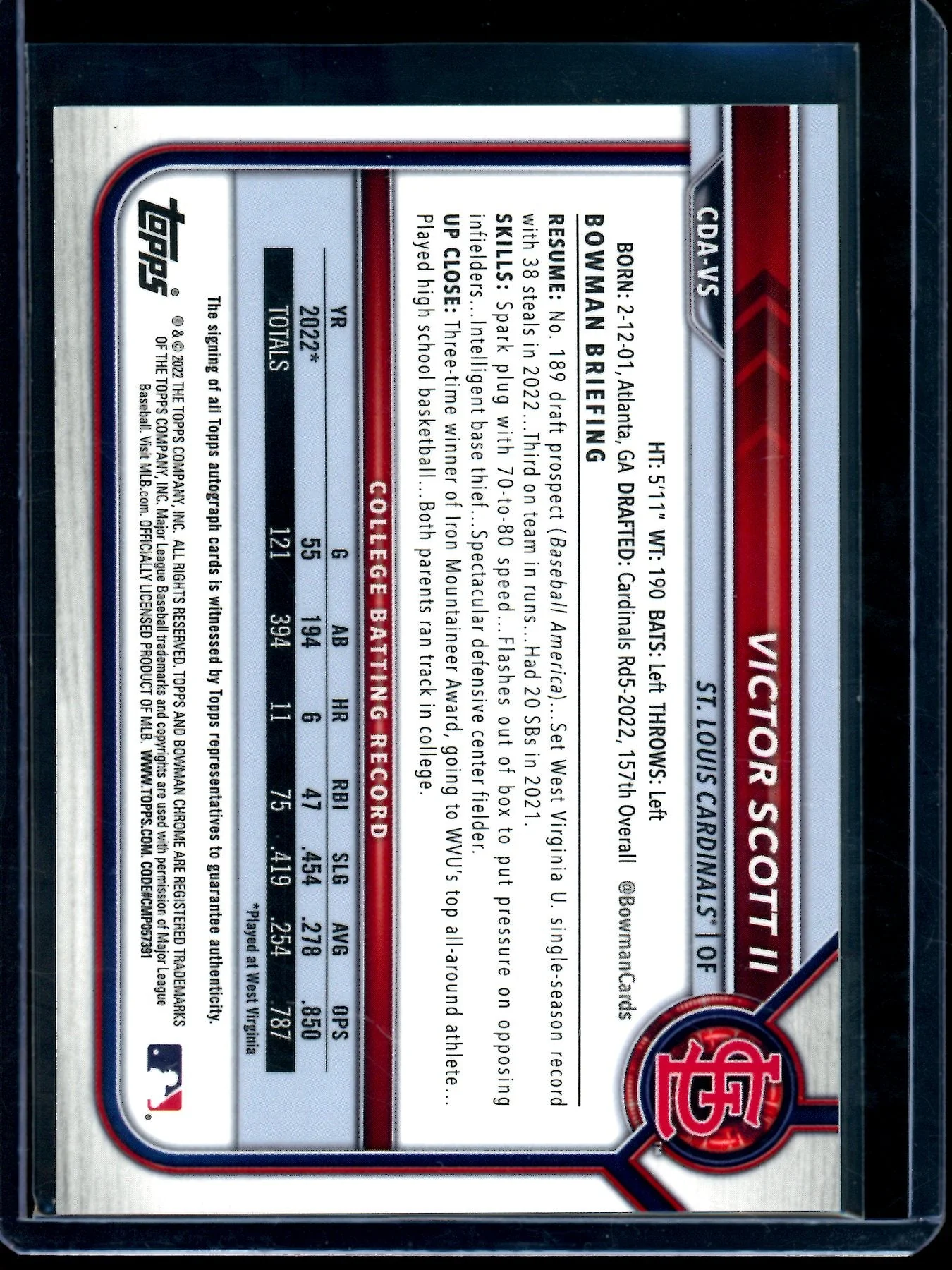2022 Bowman Chrome Victor Scott II 1st Green Autograph /99 Cardinals - Image 2