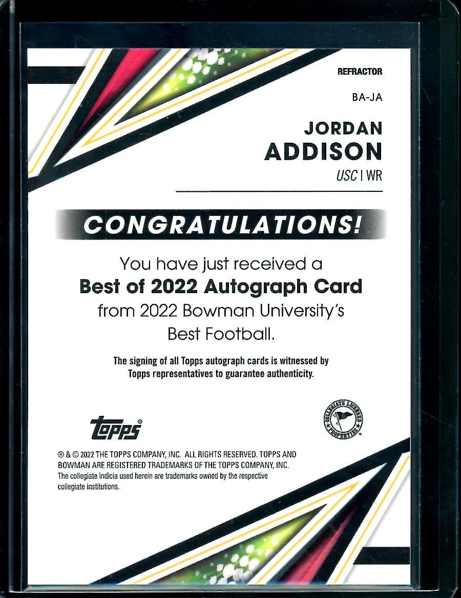 2022 Bowman's Best University Jordan Addison Refractor Auto Vikings - Image 2