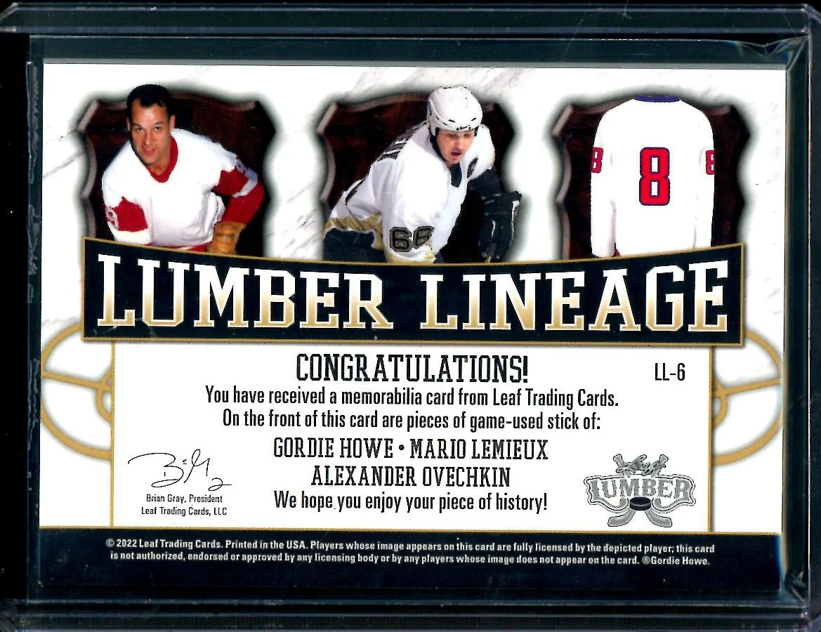 2022 Leaf Lumber Gordie Howe/Mario Lemieux/Alexander Ovechkin Triple Patch /6 - Image 2