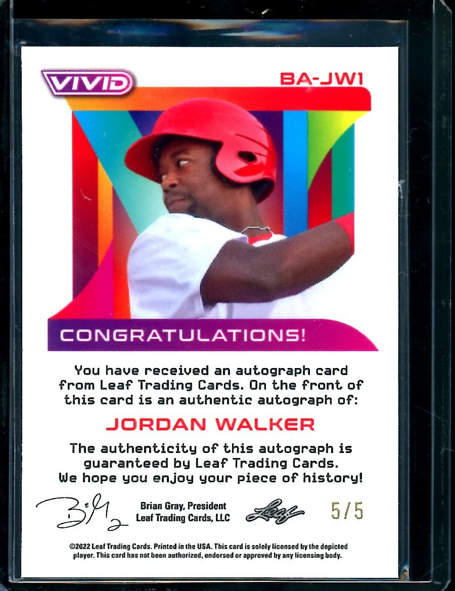 2022 Leaf Vivid Baseball Jordan Walker Auto Purple /5 Cardinals - Image 2