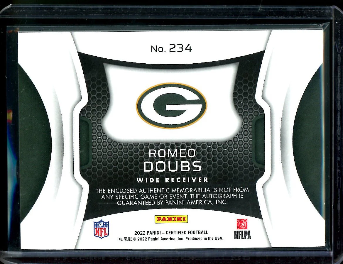 2022 Panini Certified Romeo Doubs Rookie Freshman Fabric RPA /50 Packers - Image 2