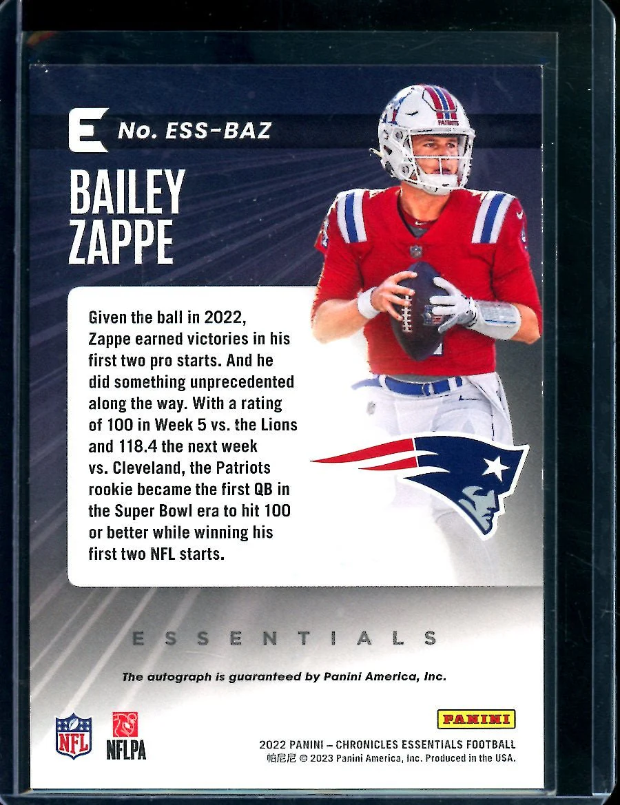 2022 Panini Chronicles Essentials Bailey Zappe Rookie Auto Blue /10 Patriots - Image 2