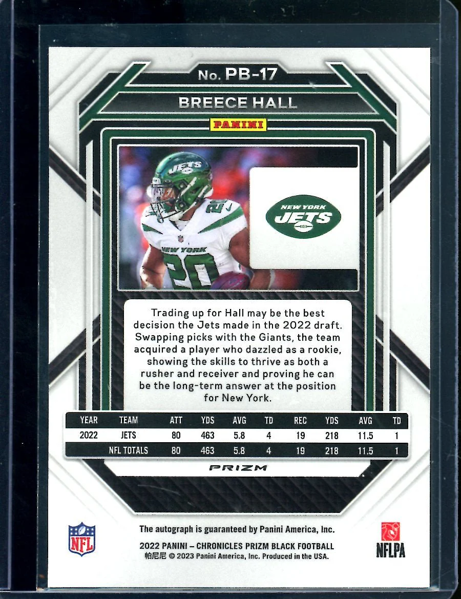 2022 Panini Chronicles Prizm Black Breece Hall Rookie Auto Silver Jets - Image 2