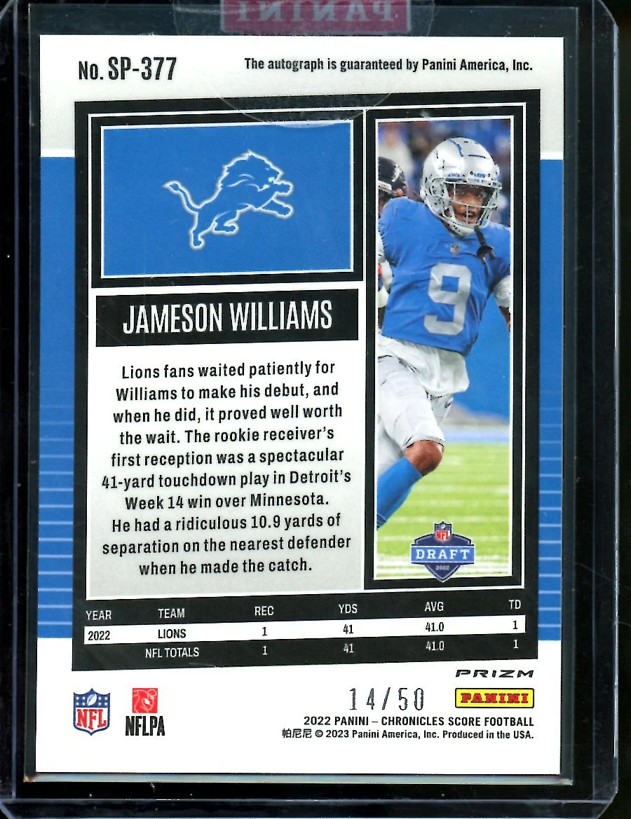 2022 Panini Chronicles Score Jameson Williams Rookie Auto Gold Zone /50 Lions - Image 2