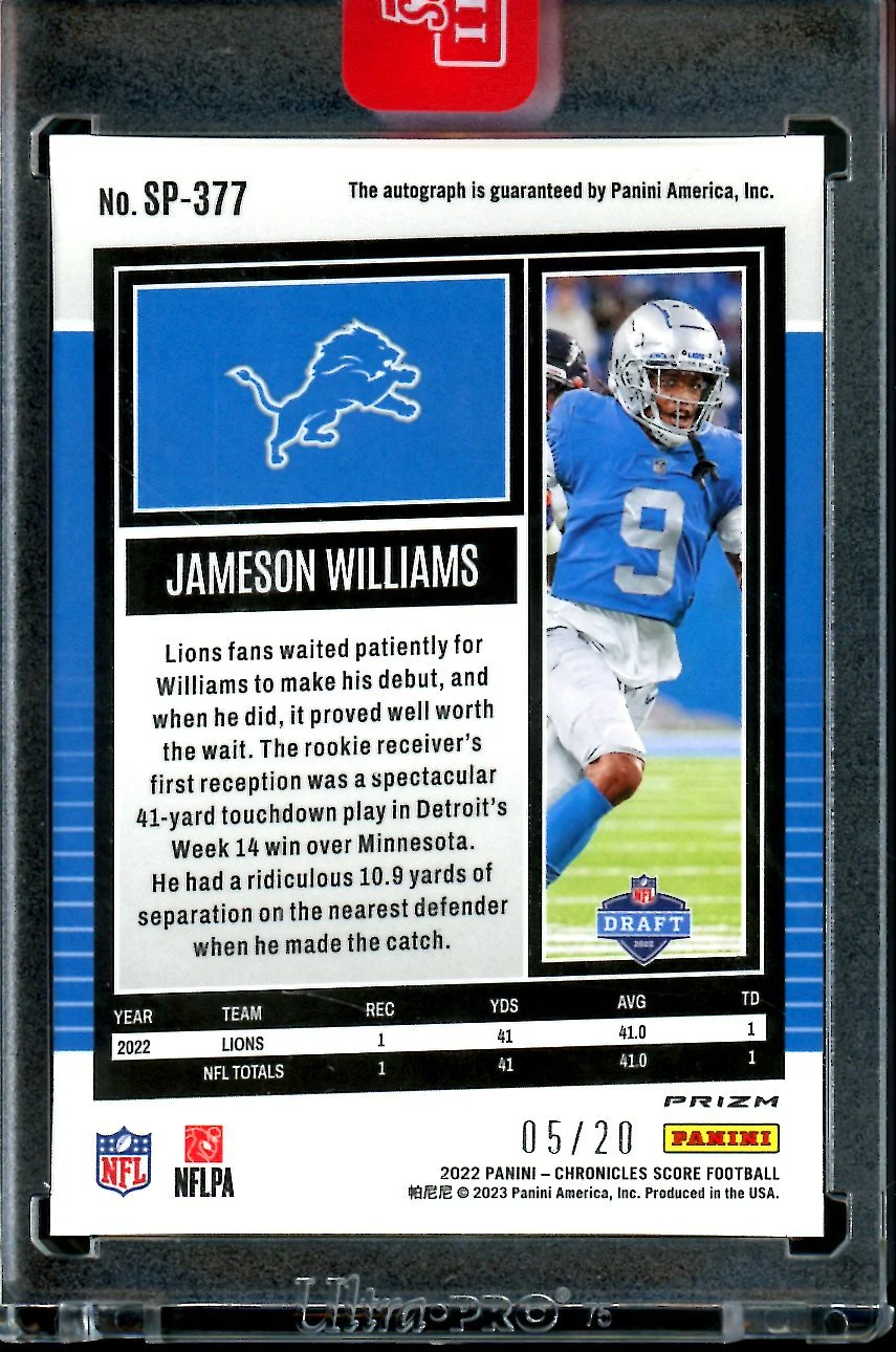 2022 Panini Chronicles Score Jameson Williams Rookie Auto Red Zone /20 Lions - Image 2