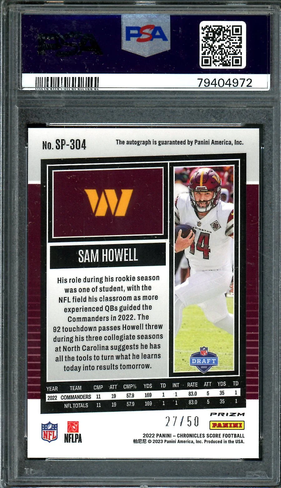 2022 Panini Chronicles Score Sam Howell SP Rookie UPD Signature Gold Zone /50 PSA 10 Commanders - Image 2