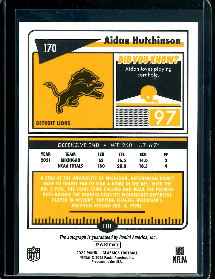 2022 Panini Classics Aidan Hutchinson Rookie Auto Lions - Image 2
