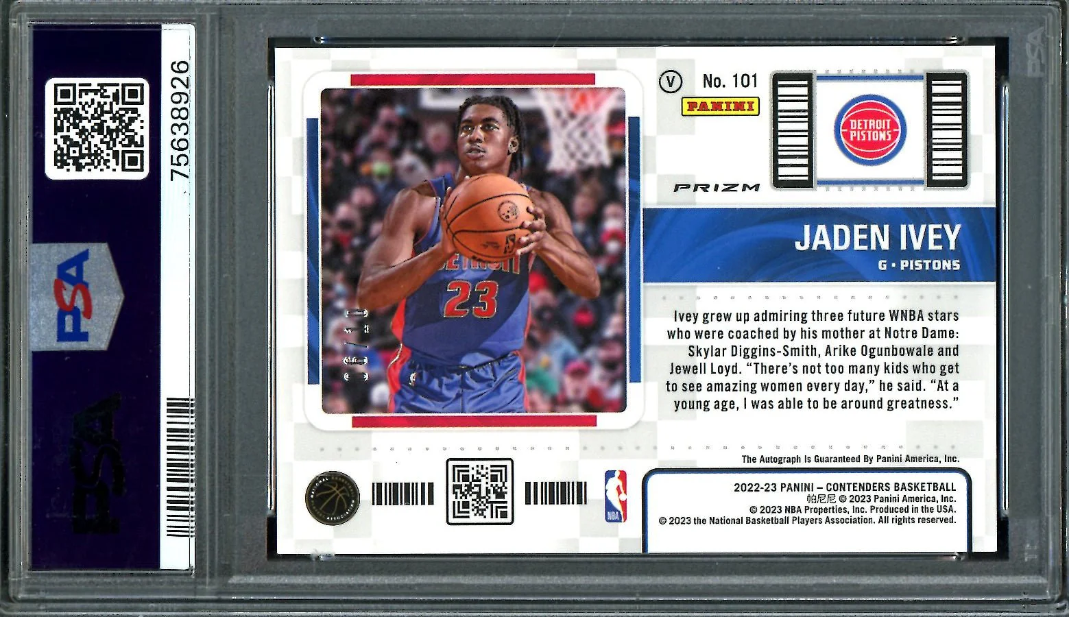 2022/23 Panini Contenders Jaden Ivey Rookie Variation Premium Auto Gold /10 PSA 9/10 Pistons - Image 2