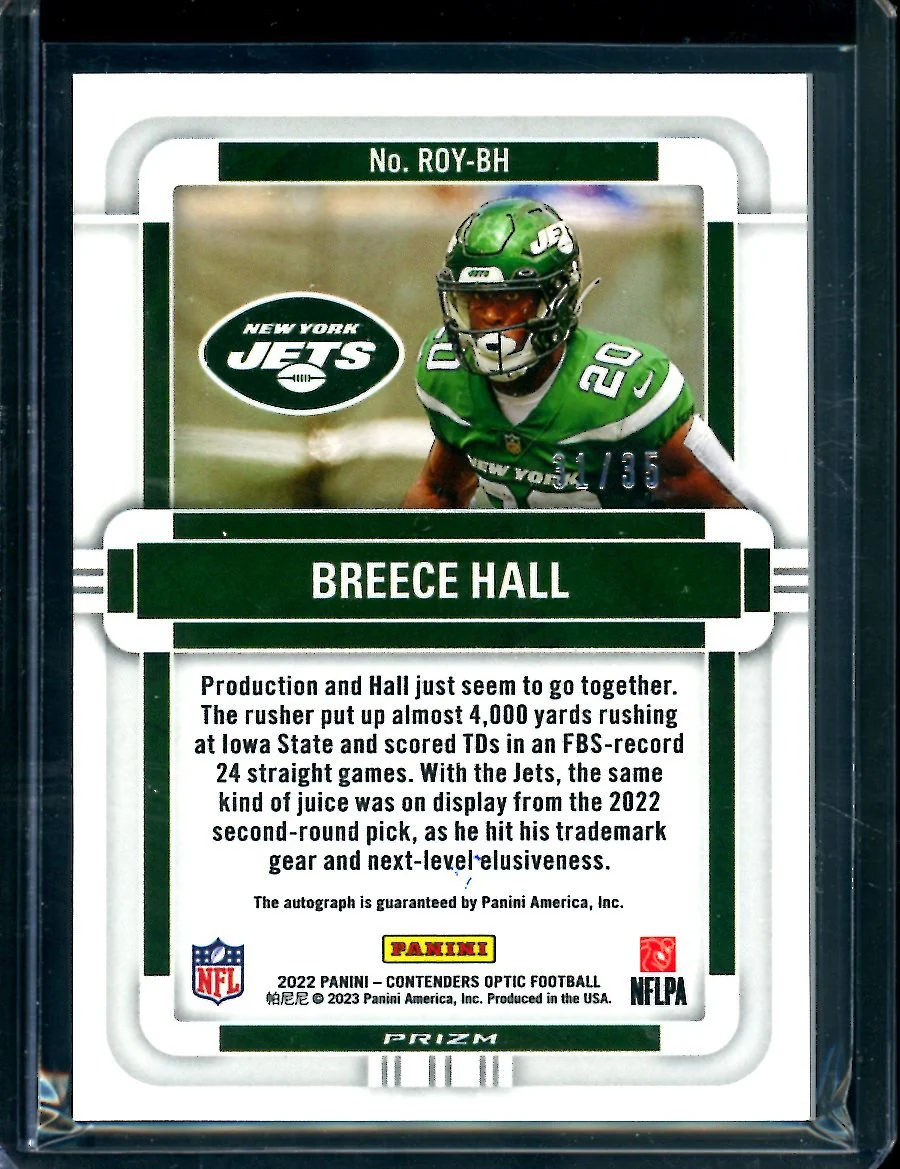 2022 Panini Contenders Optic Breece Hall Rookie of the Year Orange /35 Jets - Image 2
