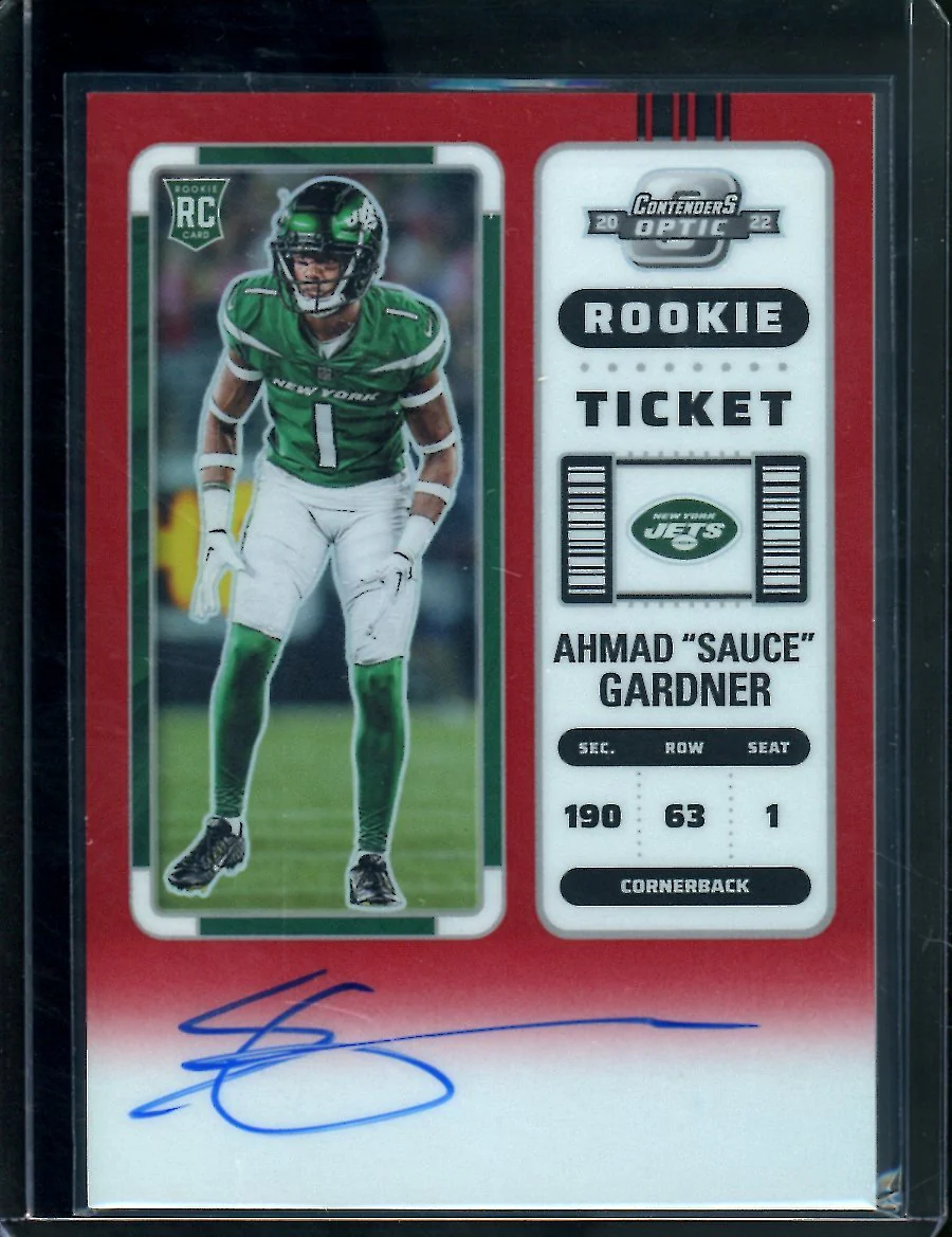 2022 Panini Contenders Optic Sauce Gardner Rookie Auto Red /149 Jets