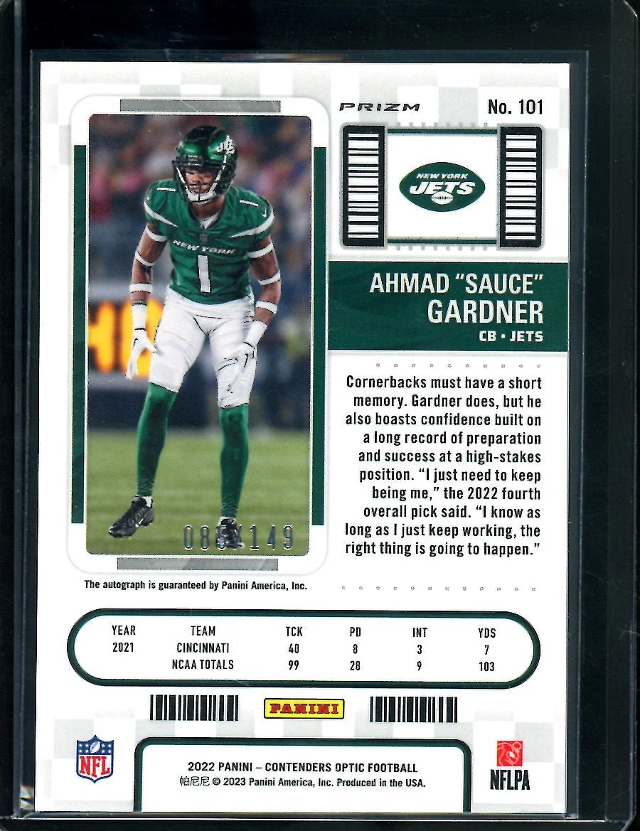 2022 Panini Contenders Optic Sauce Gardner Rookie Auto Red /149 Jets - Image 2