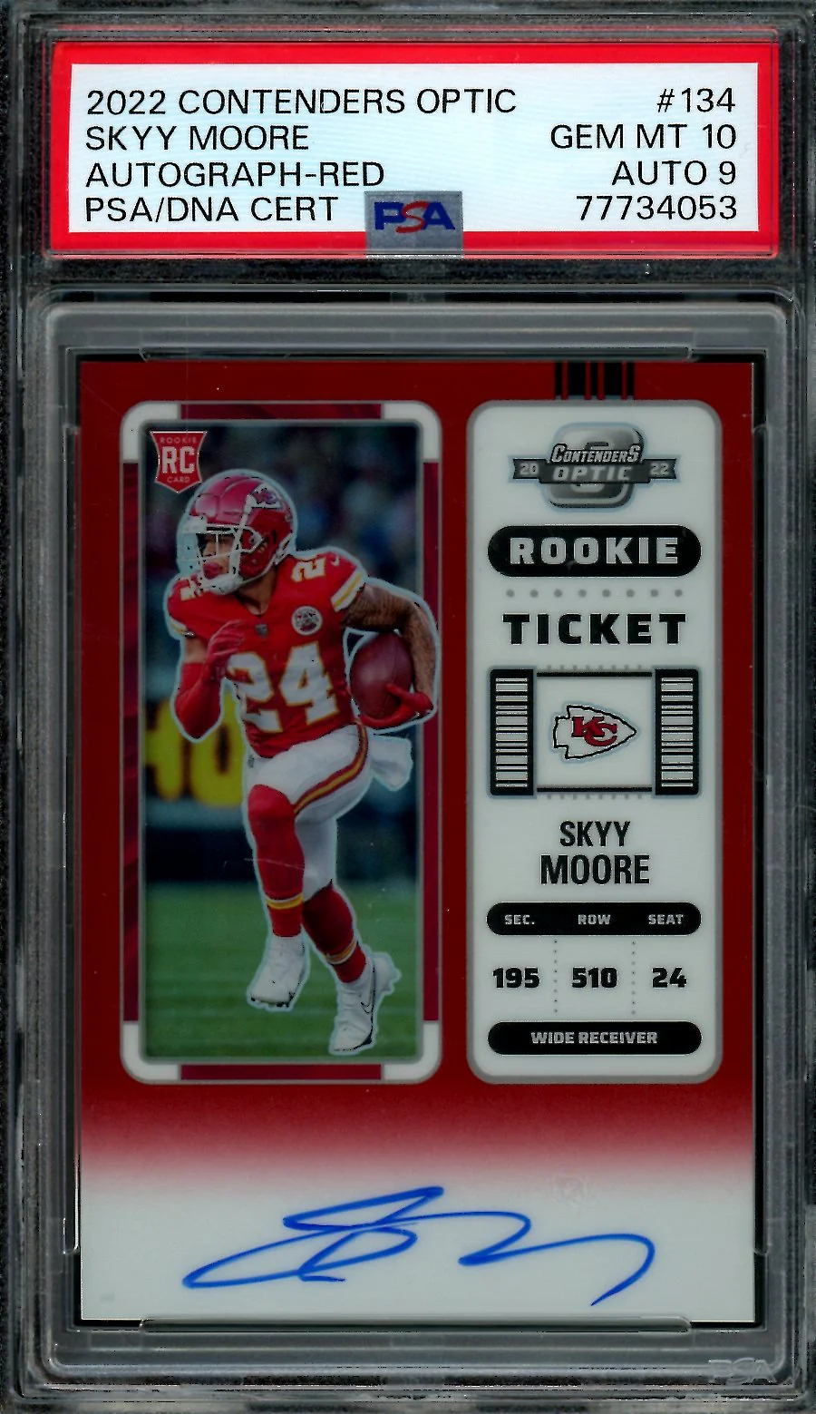 2022 Panini Contenders Optic Skyy Moore Rookie Red Auto /149 PSA 10 Chiefs